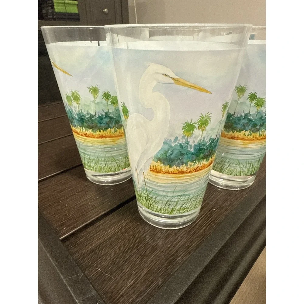 Set of 4 Heron Egret Bird Coastal Beach Plastic Tumbler Cups Glasses